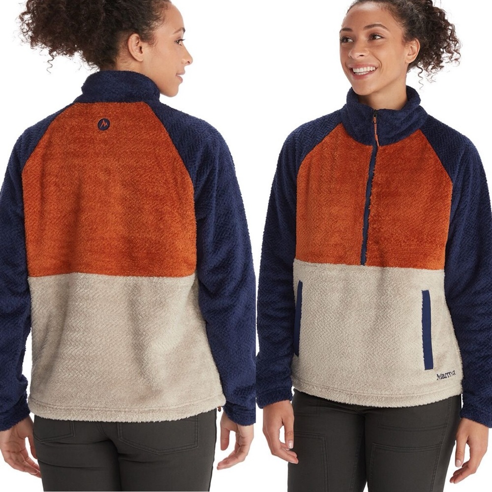 NWT MARMOT Women's Homestead Sherpa 1/2-Zip Fleece Orange/Blue/Beige - Size: XL